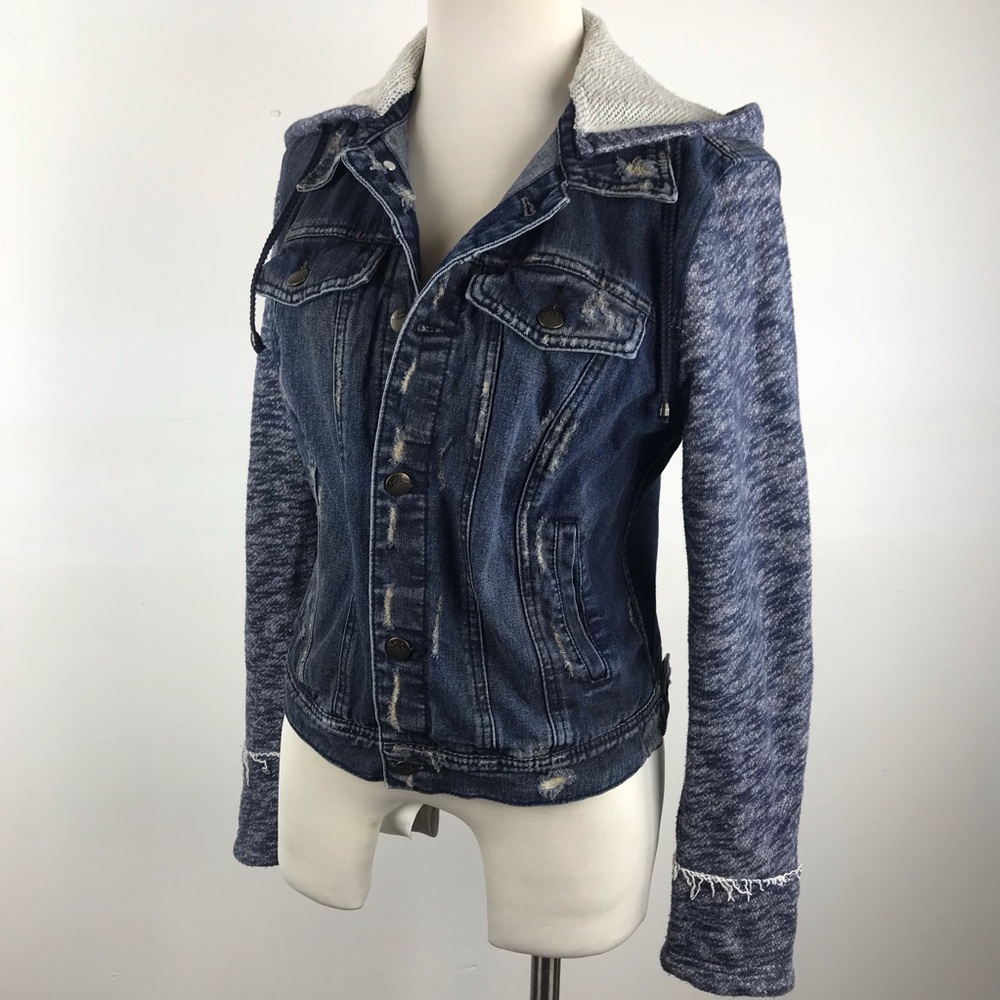 Free People Distressed Denim Jacket Removable Hood